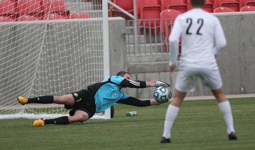 Paul Fraughton  |   Salt Lake Tribune
 Brightons goal keeper Andoni Shortsleeve makes a save.Brighton defeated Alta 1-0 in their match at Rio Tinto Stadium in Sandy.
 Thursday, April 4, 2013