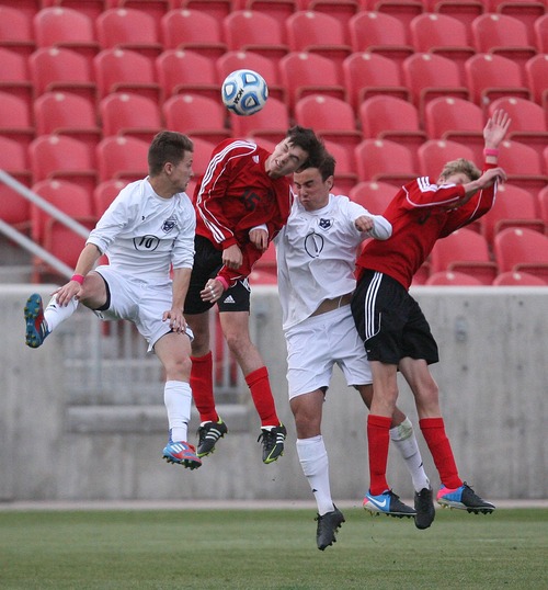 Paul Fraughton  |   The Salt Lake Tribune
Alta's Michael Porter goes up for the header. Brighton defeated Alta 1-0 in their match at Rio Tinto Stadium in Sandy on Thursday, April 4, 2013.