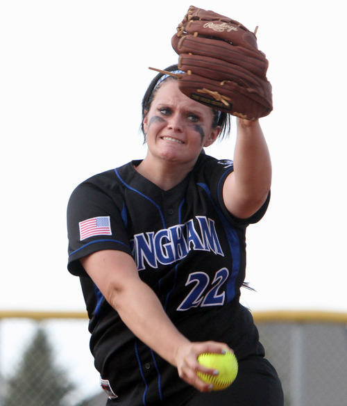 Rick Egan  | The Salt Lake Tribune 

Paige Reimann pitches for Bingham, in prep softball action, Bingham vs Riverton, Wednesday, April 3, 2013.