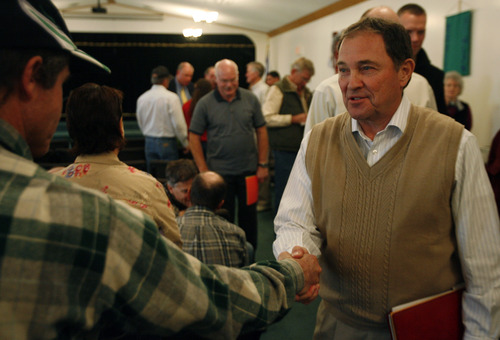Rick Egan  |  The Salt Lake Tribune 
Gov. Herbert greets members of the Eskdale community, after a meeting in Eskdale, Wednesday, March 20, 2013. The governor held a meeting at Eskdale High school, to hear locals concerns about a proposed agreement between Nevada and Utah concerning the groundwater under the Snake Valley.