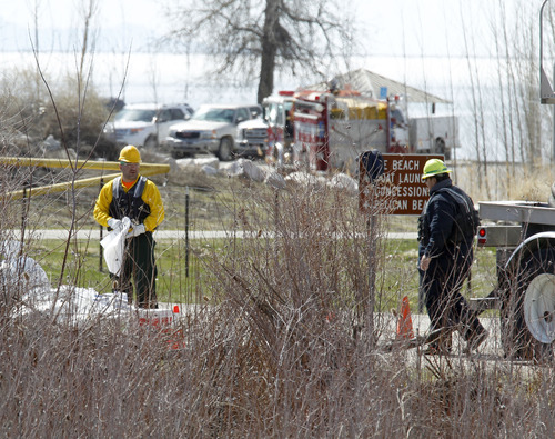 Al Hartmann  |  The Salt Lake Tribune
Workers with booms and absorbent material contain a leak from a Chevron pipeline in a wetland area between Willard Bay North Marina and I-15 Tuesday March 19. The leak was detected Monday. Authorities said the leak was contained in retaining ponds and none went into Willard Bay.