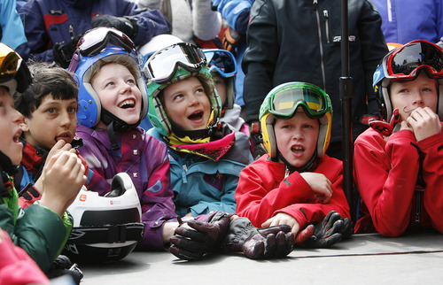 Scott Sommerdorf   |  The Salt Lake Tribune
Young ski racers bask in the glow of seeing racer Ted Ligety up close at Park City Mountain Resort. Ligety was given hometown hero's welcome to celebrate his year on the Alpine World Cup circuit, Saturday, April 6, 2013. Ligety is the first male racer in 45 years to claim three world championship titles in a year -- giant slalom, super G and combined.