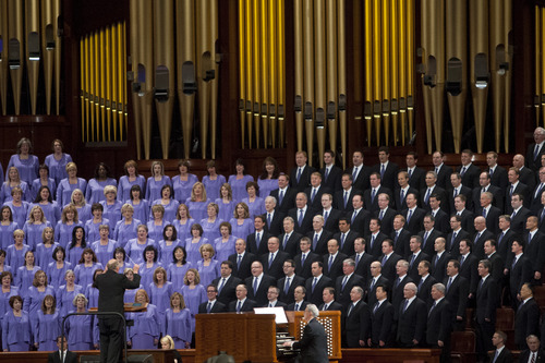 Chris Detrick  |  The Salt Lake Tribune
Members of the Mormon Tabernacle Choir perform during the morning session of the 183rd Semiannual General Conference of The Church of Jesus Christ of Latter-day Saints Saturday April 6, 2013.