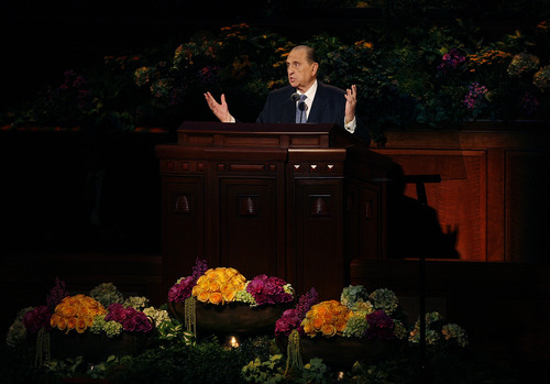 Scott Sommerdorf   |  The Salt Lake Tribune
LDS President Thomas S. Monson announces the end of the afternoon session of the second day of the 183rd LDS General Conference, Sunday, April 7, 2013.