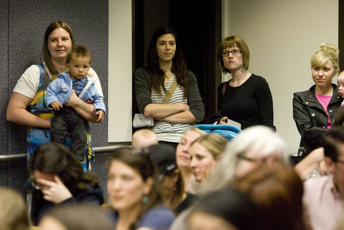 Kim Raff  |  The Salt Lake Tribune
People attending the official launch event for Ordain Women, an organization advocating faithfully for the ordination of Mormon women to the priesthood, stand in the back of the crowded Union Theatre on the University of Utah campus in Salt Lake City on April 6, 2013.