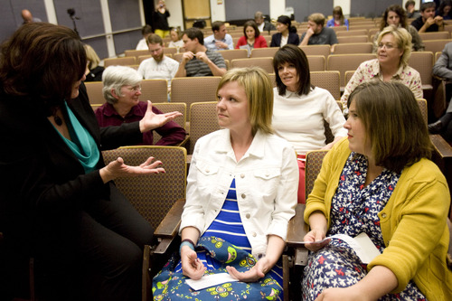 Kim Raff  |  The Salt Lake Tribune
(from left) University of Utah professor Margaret Toscano talks with (middle) Stephanie Lauritzen, organizer of "Wear Pants to Church Day", and blogger C. Jane Kendrick before the Ordain Women, an organization advocating faithfully for the ordination of Mormon women to the priesthood, official launch event in the Union Theatre on the University of Utah campus in Salt Lake City on April 6, 2013.