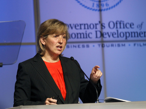 Al Hartmann  |  The Salt Lake Tribune
Natalie Gochnour, the Salt Lake Chamber of Commerce chief economist and now associate dean of the University of Utah's business school speaks at the Governor's Annual Economic Summit at the Grand America Hotel Thursday April 11.