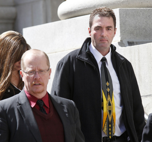 Al Hartmann  |  The Salt Lake Tribune
Bryce Payne, right, with lawyer Ed Wall, leaves Federal Court in Salt Lake City Wednesday April 10, 2013, after his initial appearance on an indictment on conspiracy, fraud and money laundering in connection to the I Works company.
