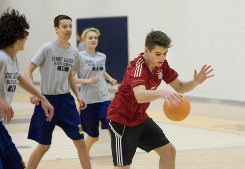 Paul Fraughton  |  The Salt Lake Tribune
Daniel Kaim, a German exchange student at Summit Academy High School in Bluffdale, introduces the American students at the school to handball, a popular sport in Germany.