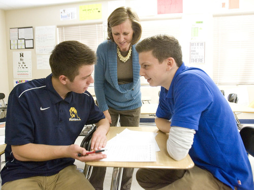 Paul Fraughton  |  The Salt Lake Tribune
Sue Ellsworth, a teacher at Summit Academy High School in Bluffdale, works with Zach Stanford, a student at the school, and Dominik Weh, who is an exchange student from Germany.