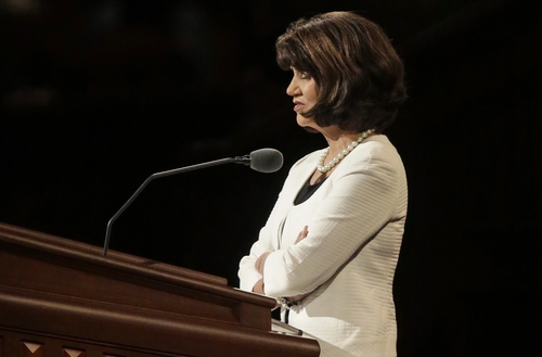 Jean A. Stevens conducts the morning session's closing prayer during the 183rd Annual General Conference of The Church of Jesus Christ of Latter-day Saints Saturday, April 6, 2013, in Salt Lake City. For the first time in 183 years, a woman has led a prayer at the semi-annual gathering of The Church of Jesus Christ of Latter-day Saints. (AP Photo/Rick Bowmer)