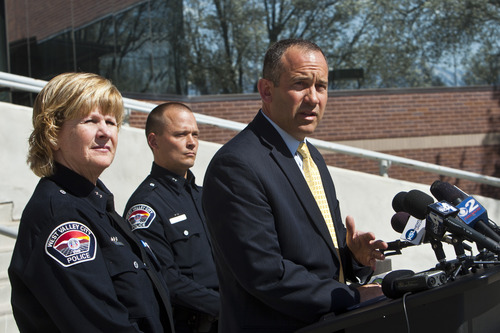 Chris Detrick  |  The Salt Lake Tribune
City manager Wayne Pyle speaks during a press conference Friday April 12, 2013. Also pictured are Acting Chief Anita Schwemmer and Deputy Police Chief Mike Powell. City manager Wayne Pyle announced Friday that an internal audit of the police department's now-disbanded narcotics unit unearthed a number of problems, including mishandling of evidence, booking evidence without documentation -- as well as the possibility of missing drugs and money.