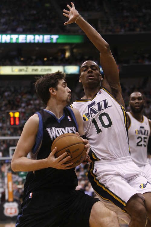 Chris Detrick  |  The Salt Lake Tribune
Utah Jazz point guard Alec Burks (10) guards Minnesota Timberwolves point guard Alexey Shved (1) during the second half of the game at EnergySolutions Arena Friday April 12, 2013. The Jazz won the game 107-100.