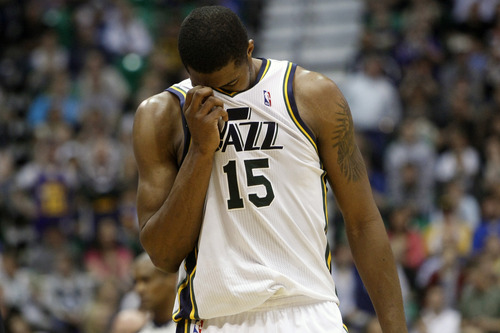 Chris Detrick  |  The Salt Lake Tribune
Utah Jazz power forward Derrick Favors (15) walks off of the court during the second half of the game at EnergySolutions Arena Friday April 12, 2013. The Jazz won the game 107-100.