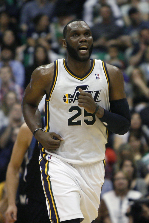 Chris Detrick  |  The Salt Lake Tribune
Utah Jazz center Al Jefferson (25) celebrates after scoring during the second half of the game at EnergySolutions Arena Friday April 12, 2013. The Jazz won the game 107-100.