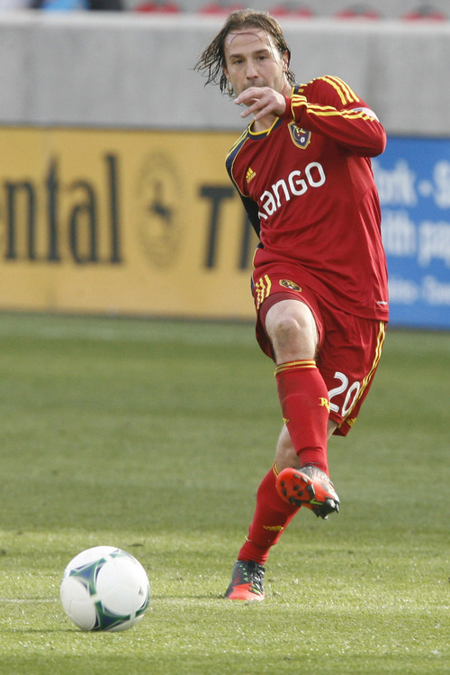 Rick Egan  | The Salt Lake Tribune 

Ned Grabavoy (20) kicks the ball for Real Salt Lake in MLS soccer action, at RIo Tinto Stadium, Saturday, March 16, 2013.