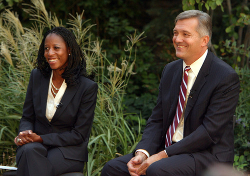 Steve Griffin |  Tribune file photo
GOP challenger Mia Love and Democratic Congressman Jim Matheson answer questions from a panel during television debate hosted by KUTV Channel 2 on Main Street in Salt Lake City in 2012.