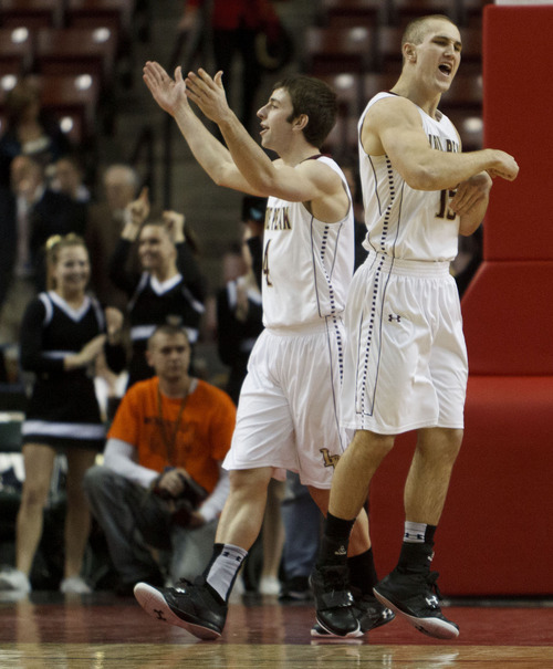 Trent Nelson  |  The Salt Lake Tribune
Lone Peak's Nick Emery, left, and Chase Hansen celebrate as Lone Peak takes an early lead and Brighton calls time out. Brighton vs. Lone Peak, 5A high school state championship game Saturday, March 3, 2012 at the Maverik Center in West Valley City, Utah.