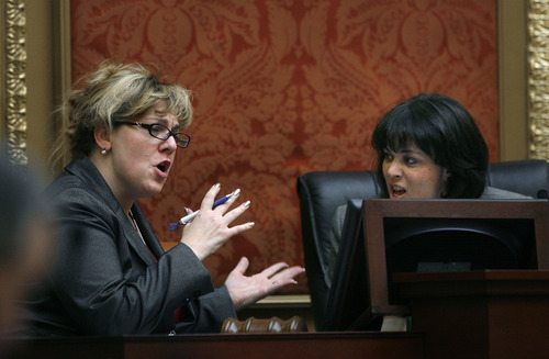 Scott Sommerdorf   |  Tribune file photo
Minority Leader Rep. Jennifer Seelig, D-Salt Lake City, left, stopped accepting reimbursements for lodging and meals when several constituents asked if lawmakers really took the money when they didn't stay in hotels or pay for food.