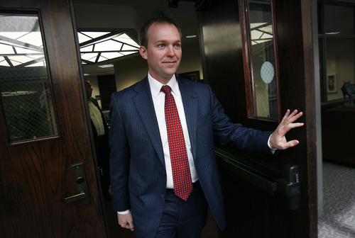 Scott Sommerdorf   |  The Salt Lake Tribune
Salt Lake County Mayor Ben McAdams leaves his office as he and others evacuate the County North Government building during the course of the "Great American Shakeout" earthquake drill, Wednesday, April 17, 2013.