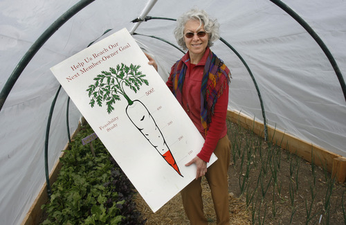 Scott Sommerdorf   |  The Salt Lake Tribune
Barbara Pioli holds a poster showing her group's progress toward attracting 400 to 500 "owner members" for Wasatch Cooperative Market, a collectively owned grocery store that would sell produce raised largely by community gardeners and urban farmers.