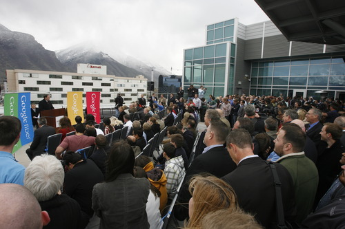 Rick Egan  | The Salt Lake Tribune 

Provo Mayor John Curtis, along with Gov. Herbert (left) and Rebecca Lockhart (right) makes the announcement that Provo will become one of Google's Fiber Optic cities, Wednesday, April 17, 2013.