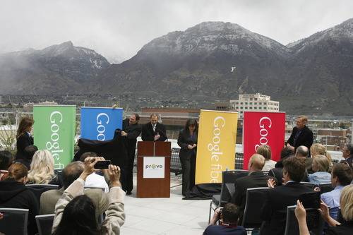 Rick Egan  | The Salt Lake Tribune 

Provo Mayor John Curtis, along with Gov. Gary Herbert (left) and Becky Lockhart (right), makes the announcement that Provo will become one of Google's Fiber Optic cities, Wednesday, April 17, 2013.