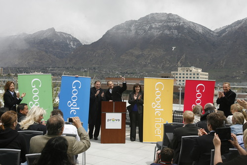 Rick Egan  | The Salt Lake Tribune 

Provo Mayor John Curtis, along with Gov. Gary Herbert (left) and Becky Lockhart (right), makes the announcement that Provo will become one of Google's Fiber Optic cities, Wednesday, April 17, 2013.