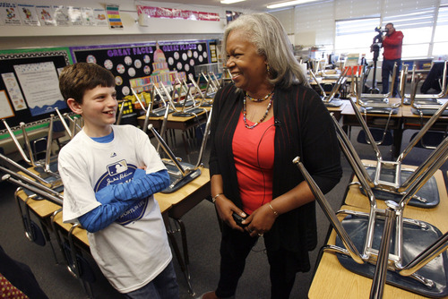 Francisco Kjolseth  |  The Salt Lake Tribune
Sharon Robinson, Jackie Robinson's daughter, Educational Programming Consultant for Major League Baseball and author of the new children's book, Jackie Robinson: American Hero, pays a visit to Breaking Barriers: In Sports, In Life Essay Contest First Prize winner, Steven Blodgett, 11, and his peers at Morningside Elementary School. Steven, whose essay recounts the courage it took to fight bone cancer, got the opportunity to meet Robinson and hear her speak about her father, late Hall of Famer Jackie Robinson on Wednesday, April 17, 2013.