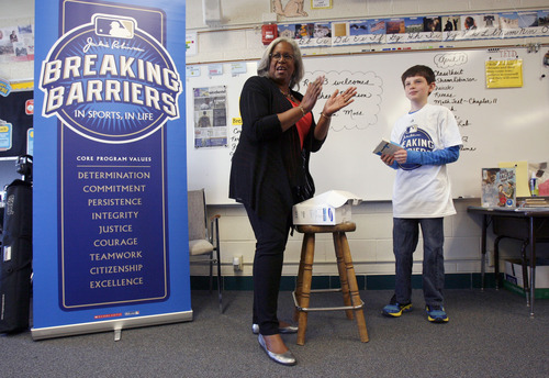 Francisco Kjolseth  |  The Salt Lake Tribune
Sharon Robinson, Jackie Robinson's daughter, Educational Programming Consultant for Major League Baseball and author of the new children's book, Jackie Robinson: American Hero, pays a visit to Breaking Barriers: In Sports, In Life Essay Contest First Prize winner, Steven Blodgett, 11, and his peers at Morningside Elementary School. Steven, whose essay recounts the courage it took to fight bone cancer, got the opportunity to meet Robinson and hear her speak about her father, late Hall of Famer Jackie Robinson on Wednesday, April 17, 2013.