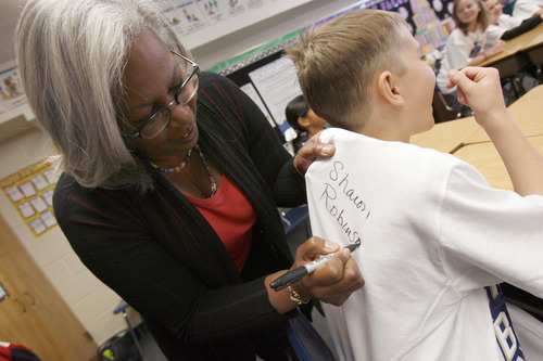 Francisco Kjolseth  |  The Salt Lake Tribune
Morningside Elementary 5th grader Oliver Hubbard, 11, is delighted to get his shirt signed by Sharon Robinson, daughter of late Hall of Famer Jackie Robinson during a special presentation on Wednesday, April 17, 2013.