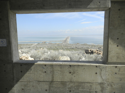 Tom Wharton | The Salt Lake Tribune
A look at the Antelope Island Causeway through the window at the visitor center.