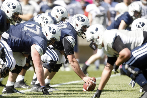 Chris Detrick  |  The Salt Lake Tribune
BYU players during the spring scrimmage at LaVell Edwards Stadium Saturday March 30, 2013.
