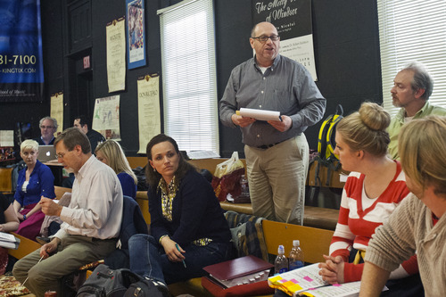 Chris Detrick  |  The Salt Lake Tribune
Director Michael Scarola works with the cast during a rehearsal of the opera Falstaff in the Vocal Arts Building at the University of Utah Tuesday April 9, 2013.