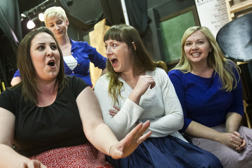 Chris Detrick  |  The Salt Lake Tribune
Olivia Custado, Gretchen Windt, Stina Peterson and Melissa Heath sing during a rehearsal of the opera Falstaff in the Vocal Arts Building at the University of Utah Tuesday April 9, 2013.