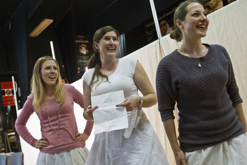 Chris Detrick  |  The Salt Lake Tribune
Demaree Brown "Mistress Quickly," Erin McOmber "Meg Page," and Amber Stachitus "Nannetta," sing during a rehearsal of the opera Falstaff in the Vocal Arts Building at the University of Utah Tuesday April 9, 2013.