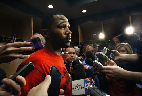 Scott Sommerdorf   |  The Salt Lake Tribune
Mo Williams answers questions for a group of reporters in the Jazz locker room. After losing in Memphis, and missing the playoffs, the Utah Jazz cleaned out their lockers and met with the press, Thursday, April 18, 2013.