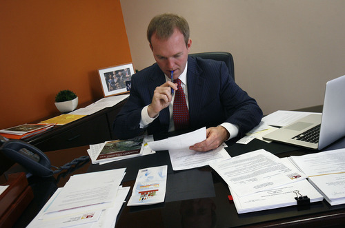 Scott Sommerdorf   |  The Salt Lake Tribune
Salt Lake County Mayor Ben McAdams at work in his office, Wednesday, April 17, 2013. McAdams has completed the first 100 days of his term.