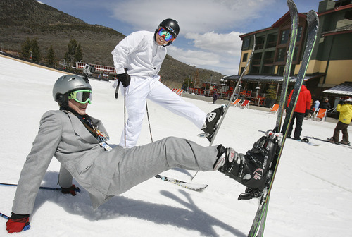 Scott Sommerdorf   |  The Salt Lake Tribune
Anderson Fackler, foreground, and Cole Tucker, both seniors at Olympus High, enjoy themselves at The Canyons in Park City on the last day for skiing at many resorts in Utah, Sunday, April 13, 2013.