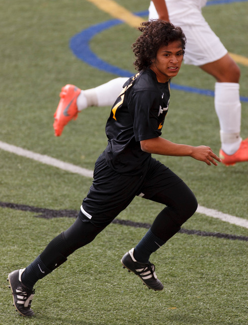 Trent Nelson  |  The Salt Lake Tribune
Wasatch's Alex Espinoza in action as Wasatch faces Judge Memorial High School, boys soccer Wednesday April 17, 2013 in Salt Lake City.