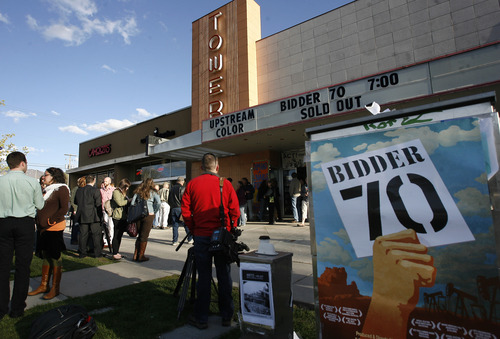 Rick Egan  | The Salt Lake Tribune 

Crowds line up at the Tower Theater for the screening of the film Bidder 70, Monday, April 22, 2013. It was Tim DeChristopher's first public appearance since entering federal custody in 2011 for disrupting an oil-and-gas auction.