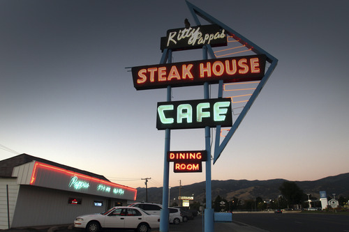 Rick Egan  | The Salt Lake Tribune 

Neon lights the sky outside the local landmark that is the Kitty Pappas Steak House on Highway 89 in Woods Cross.