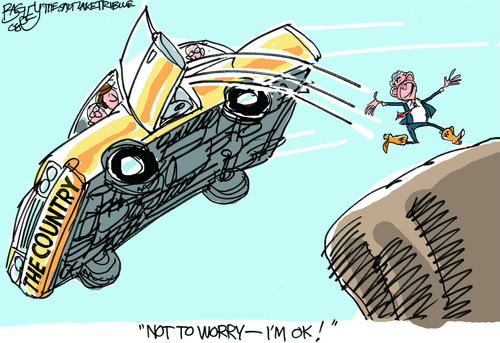 Pat Bagley | The Salt Lake Tribune 
In early 2008 nobody knew how bad things would get later in the year, when the world's financial system nearly collapsed, though I had a really bad feeling about things as shown in this cartoon from April, 20, 2008.