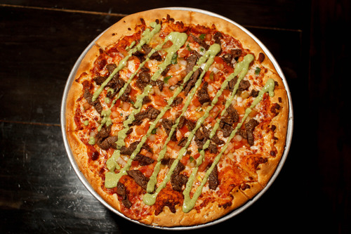 Trent Nelson  |  The Salt Lake Tribune
The carne asada pizza at Spedelli's, a Salt Lake City Pizza Parlor and bar.