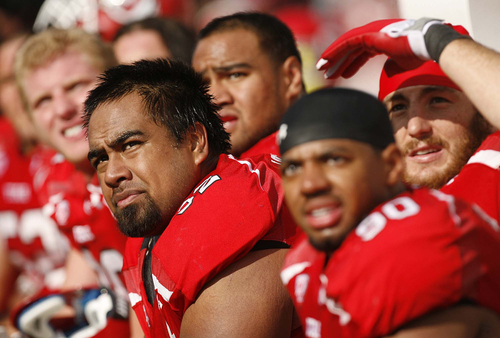 Trent Nelson  |  The Salt Lake Tribune
Utah players on the sideline as Arizona State takes a 27-14 lead in  the second half, Utah vs. Arizona State, college football at Rice-Eccles Stadium in Salt Lake City, Utah, Saturday, October 8, 2011. Left to right, Joe Kruger, Star Lotulelei, James Aiono, Derrick Shelby, Trevor Reilly.