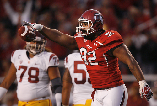 Scott Sommerdorf  |  The Salt Lake Tribune             
Utah Utes defensive tackle Star Lotulelei (92) celebrates his fumble recovery to help set up Utah's 2nd TD very early in the first half. USC led Utah 24-21 at the half, Thursday, October 4, 2012.
