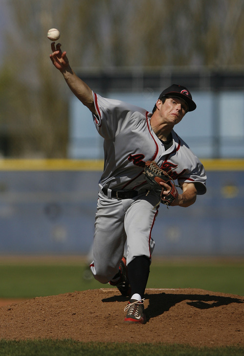 Scott Sommerdorf   |  The Salt Lake Tribune
American Fork's Riley Otteson pitches during second inning action. American Fork defeated Bingham 8-7 in eight innings at Bingham, Friday, April 26, 2013.