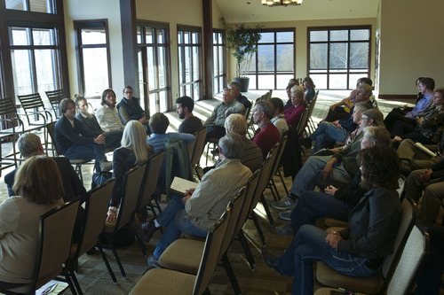 Chris Detrick  |  The Salt Lake Tribune
Greg Mauro, Natalie Spilger, Thayer Walker listen to residents during a community meeting to discuss the annual balloon festival at the Pineview Lodge in Eden Thursday April 18, 2013.