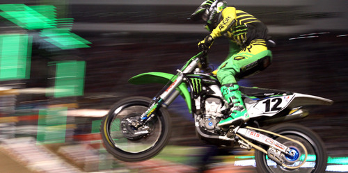 Rick Egan  | The Salt Lake Tribune 

Jake Weimer (12) Rupert, ID, competes in the finals of the 450SX division, in the Supercross motorcycle racing at Rice-Eccles Stadium,Saturday, April 27, 2013.