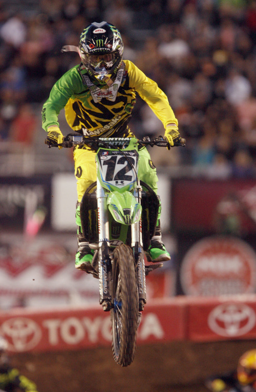 Rick Egan  | The Salt Lake Tribune 

Jake Weimer (12) Rupert, ID, competes in the 450SX division, in the Supercross motorcycle racing at Rice-Eccles Stadium,Saturday, April 27, 2013.